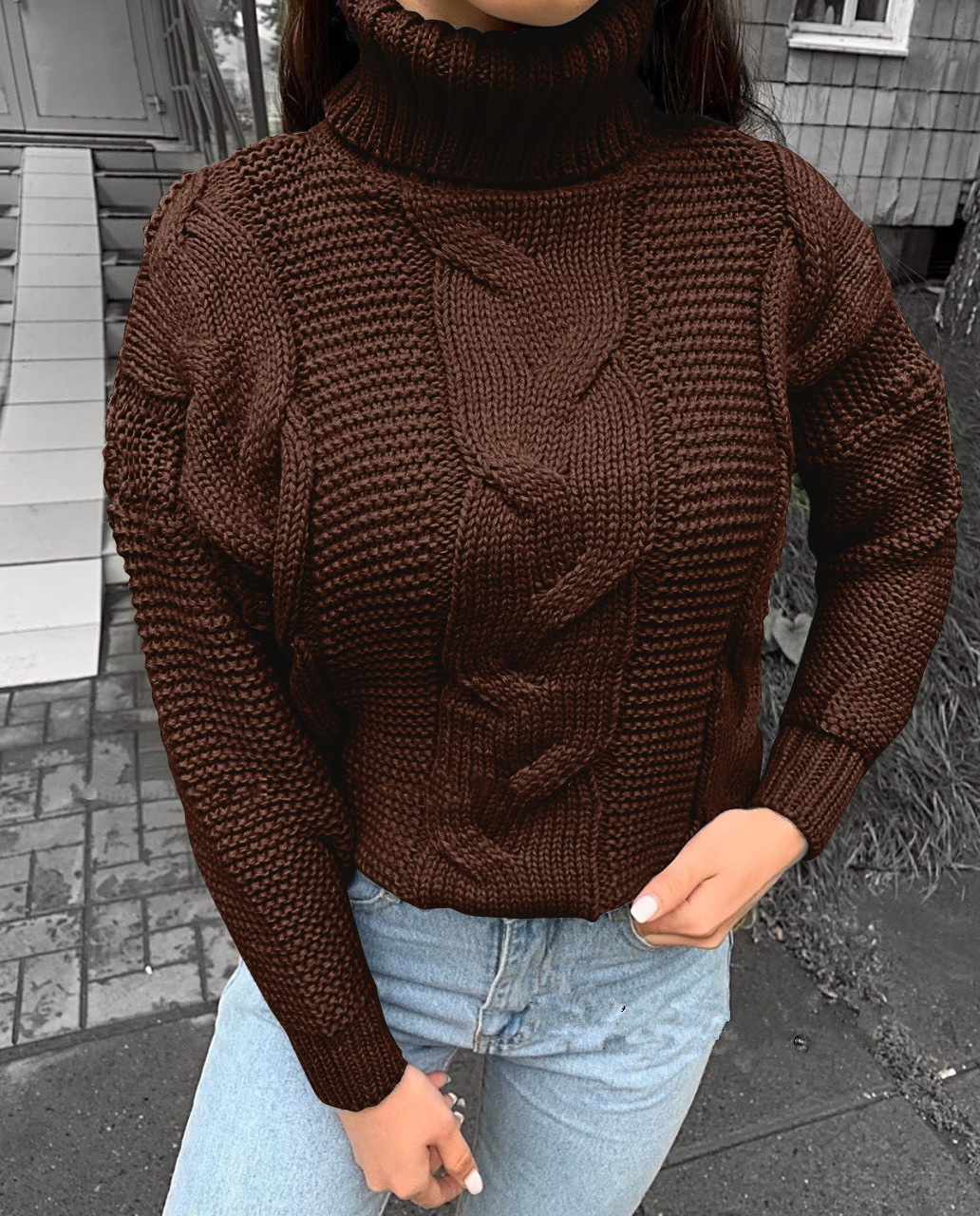 Women's Turtleneck Solid-Color Cable-Knit Pullover Casual Loose Sweater - Image 8