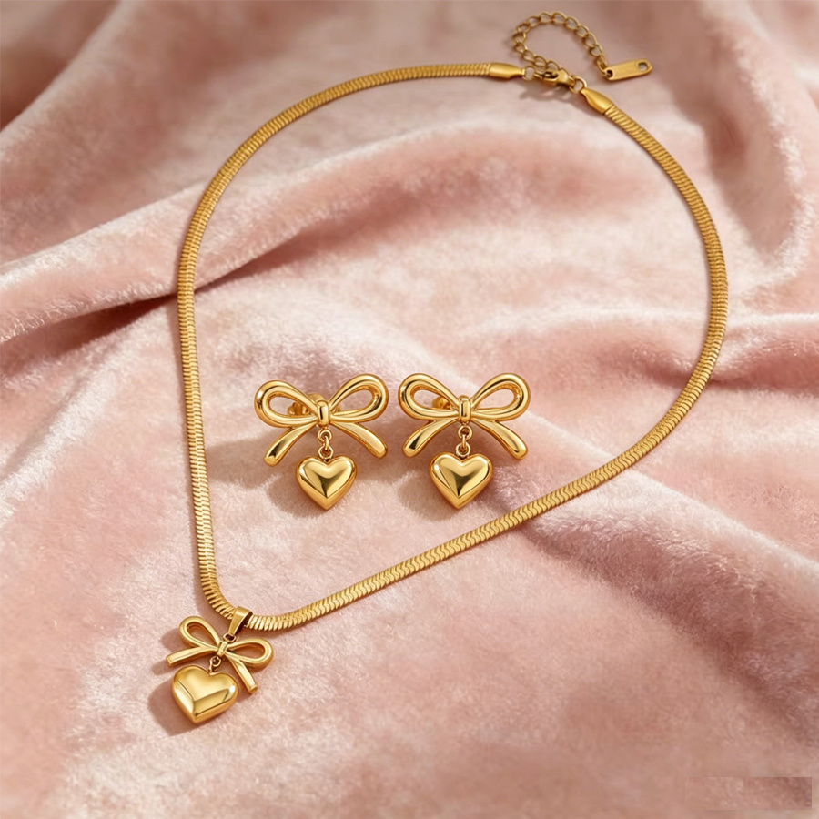 Women Bowknot 3D Puffy Heart Jewelry Set Snake Chain Necklace & Stud Earrings 2Pcs Gold Silver Tone Stainless Steel Romantic Valentine Gift Jewelry - Image 3