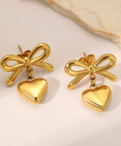 Women Bowknot 3D Puffy Heart Jewelry Set Snake Chain Necklace & Stud Earrings 2Pcs Gold Silver Tone Stainless Steel Romantic Valentine Gift Jewelry - Image 10