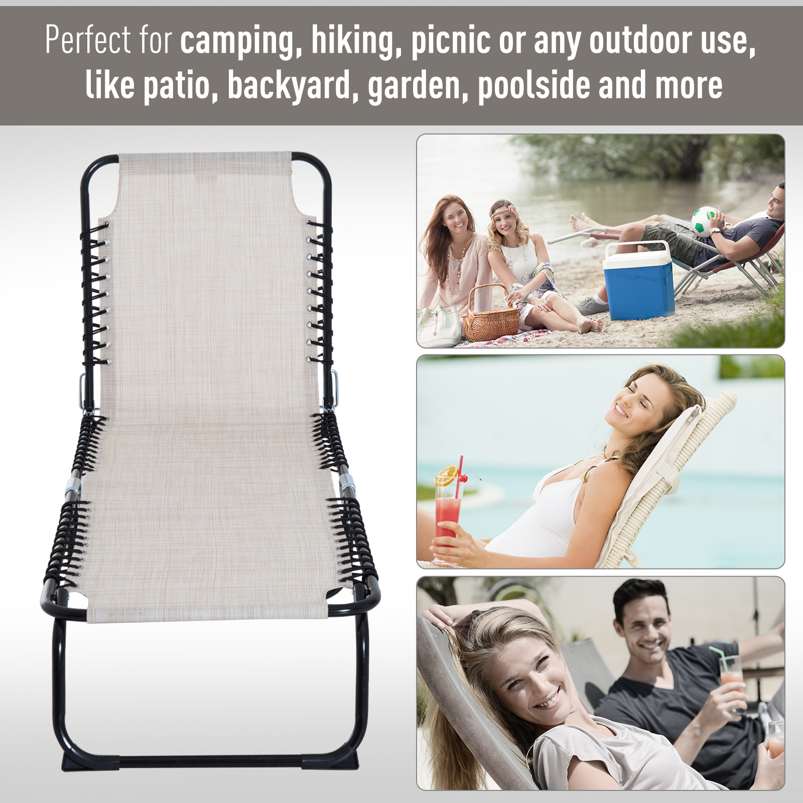 Foldable Chaise Lounge, 3-Position Reclining Back, Portable design and Breathable Mesh for Poolside, Camping, Hiking - Cream White - Image 7