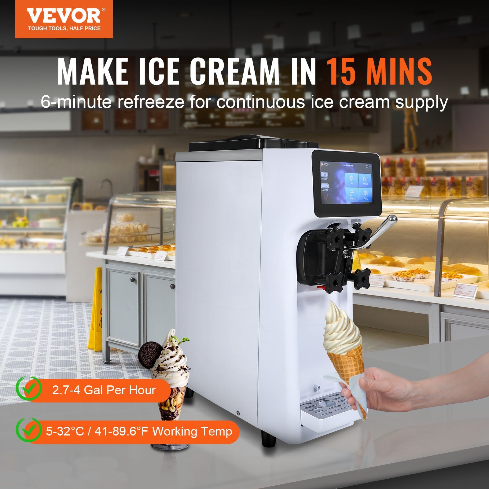 Commercial Ice Cream Machine, 10.6 QT/H Yield, 1000W Single Flavor Countertop Soft Serve Ice Cream Maker, 4L Hopper 1.6L Cylinder, Touch Screen Auto Clean Pre-cooling, For Restaurant Snack Bar - Image 2