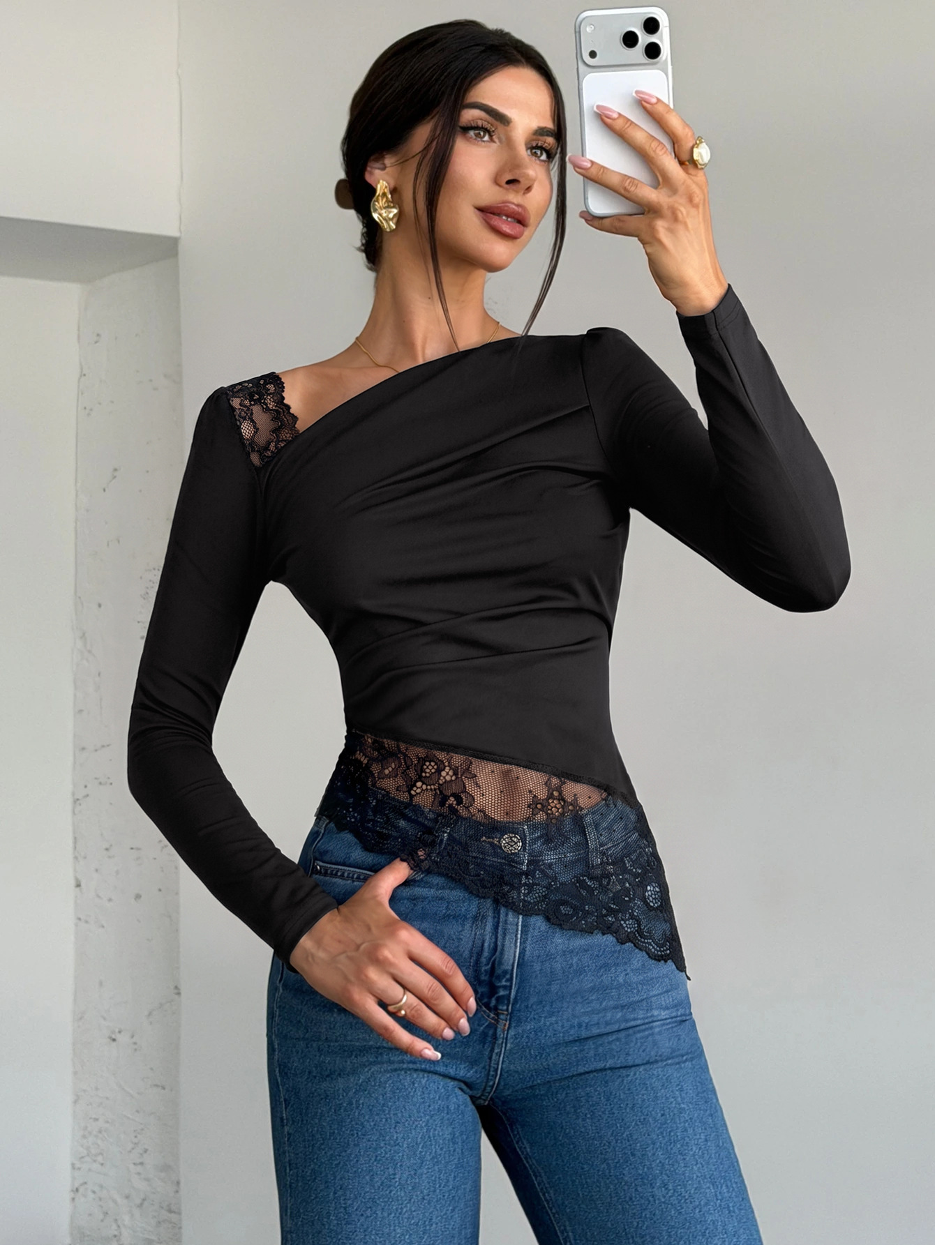 Dropped-shoulder Ruched Long-sleeve T-shirt - Image 4
