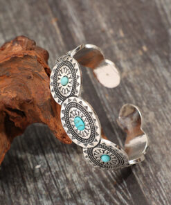 Synthetic Turquoise Open Adjustable Alloy Bracelet - Image 4