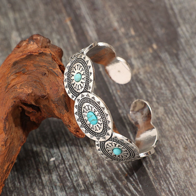 Synthetic Turquoise Open Adjustable Alloy Bracelet - Image 4