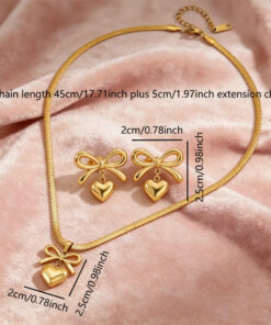 Women Bowknot 3D Puffy Heart Jewelry Set Snake Chain Necklace & Stud Earrings 2Pcs Gold Silver Tone Stainless Steel Romantic Valentine Gift Jewelry - Image 7