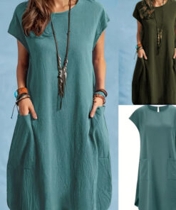 Casual Loose-fit Solid-color Round-neck Short-sleeve Ice-silk Pleated Dress