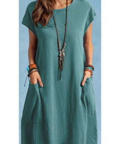 Alternative view of Casual Loose-fit Solid-color Round-neck Short-sleeve Ice-silk Pleated Dress
