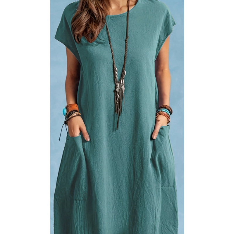 Casual Loose-fit Solid-color Round-neck Short-sleeve Ice-silk Pleated Dress - Image 2