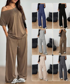 SpringSummer Women's Casual Solid-Color Sports Two-Piece Set