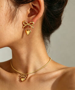 Women Bowknot 3D Puffy Heart Jewelry Set Snake Chain Necklace & Stud Earrings 2Pcs Gold Silver Tone Stainless Steel Romantic Valentine Gift Jewelry