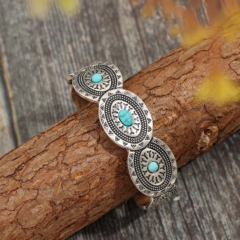 Synthetic Turquoise Open Adjustable Alloy Bracelet - Image 3