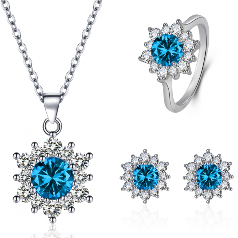 Elegant Full-diamond Snowflake Stud Earrings Pendant Necklace And Ring Jewelry Set - Image 2