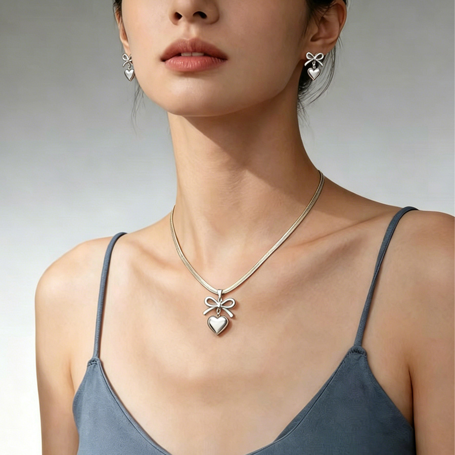 Women Bowknot 3D Puffy Heart Jewelry Set Snake Chain Necklace & Stud Earrings 2Pcs Gold Silver Tone Stainless Steel Romantic Valentine Gift Jewelry - Image 6