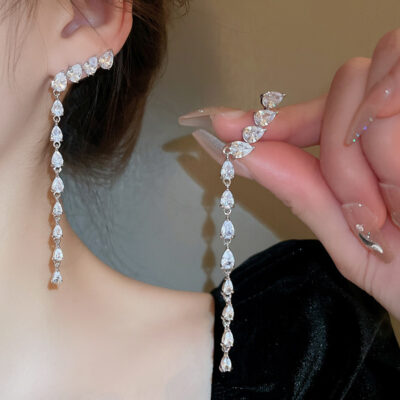 Zircon Teardrop Tassel Earrings For Women