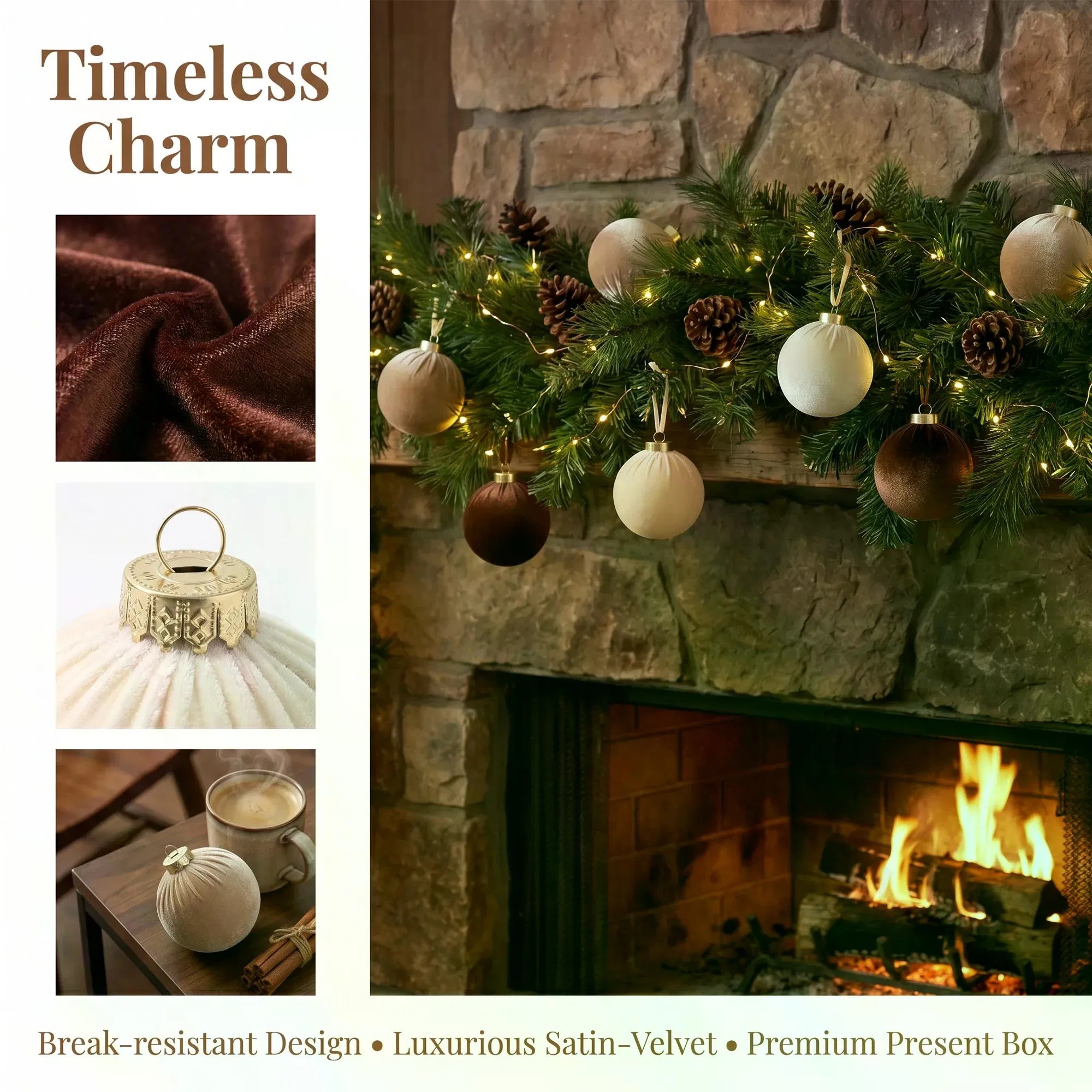 12Pcs Velvet Christmas Balls Ornaments Set, 80mm(3.15inch) Fabric Wrapped Xmas Baubles, Neutral Coffee Cream White Hanging Decorations for Christmas Tree Holiday Home Party - Image 5