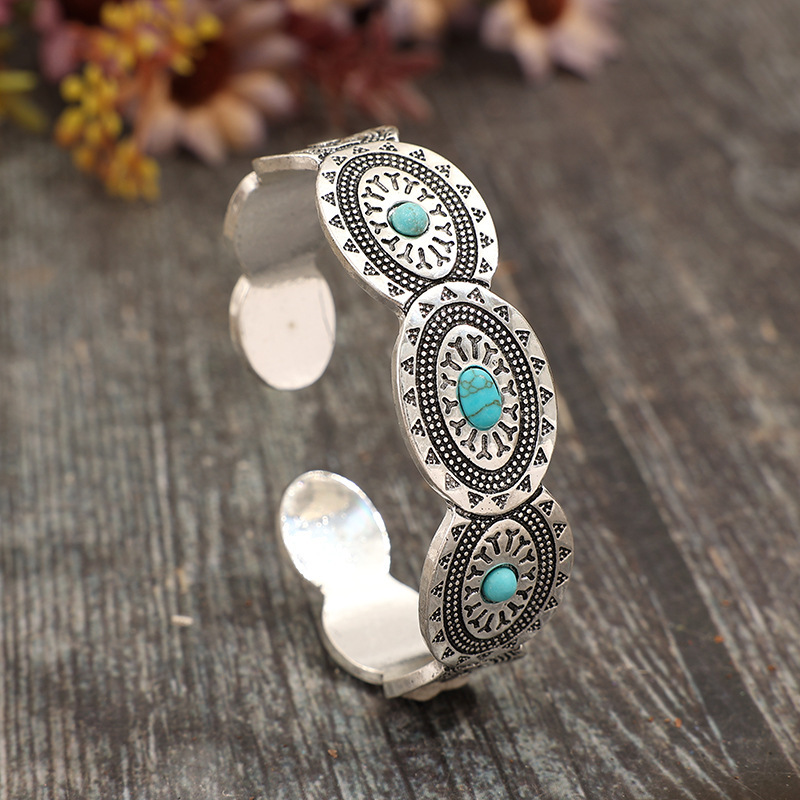Synthetic Turquoise Open Adjustable Alloy Bracelet - Image 5