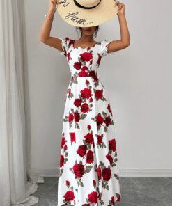 Elegant Vintage Rose-print Puff-sleeve Maxi Dress - Image 4