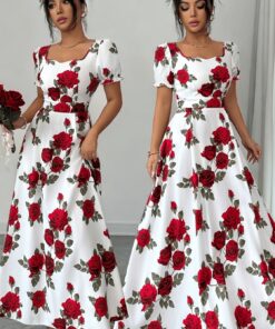Elegant Vintage Rose-print Puff-sleeve Maxi Dress