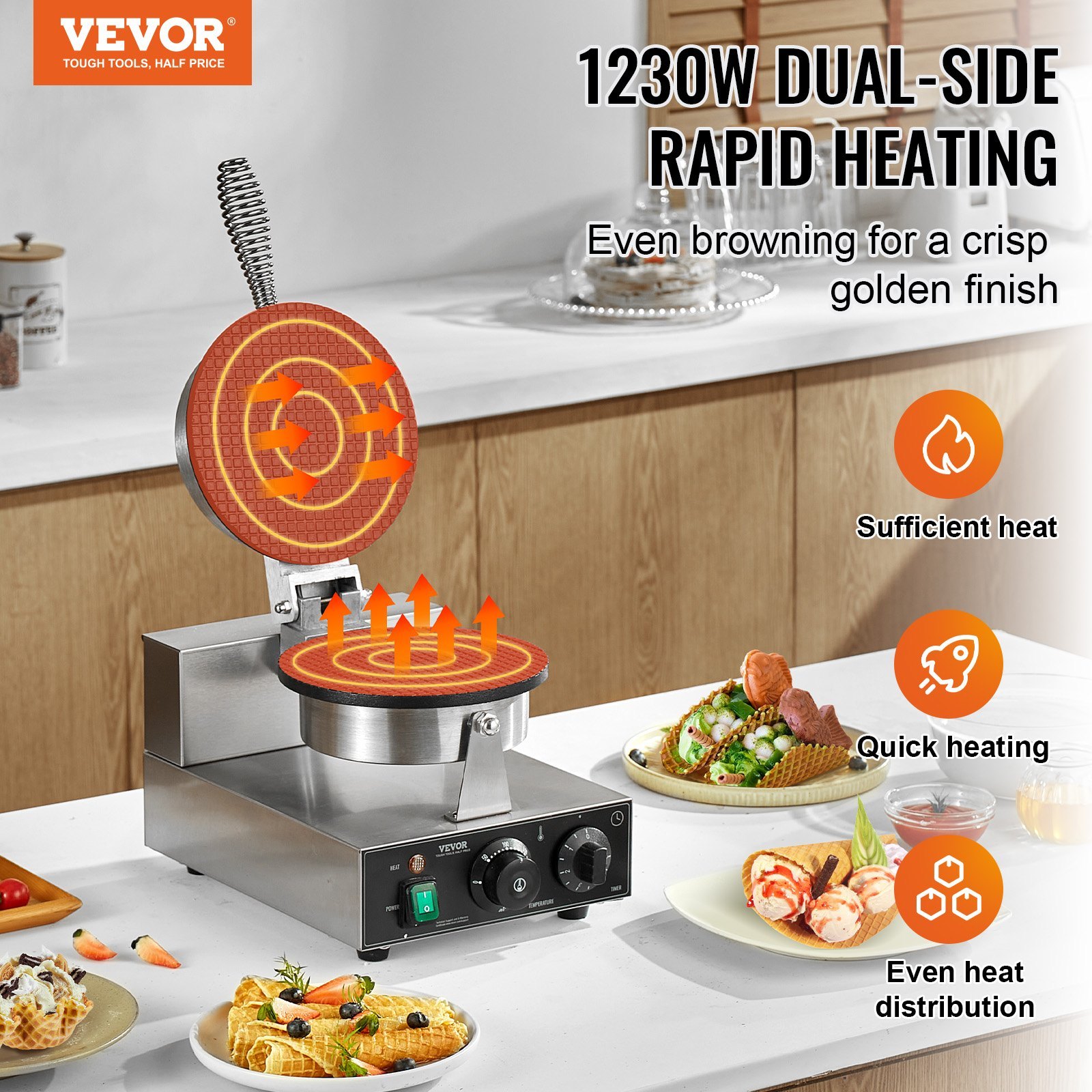 Electric Ice Cream Cone Maker Commercial Waffle Cone Egg Roll 1230W - Image 2