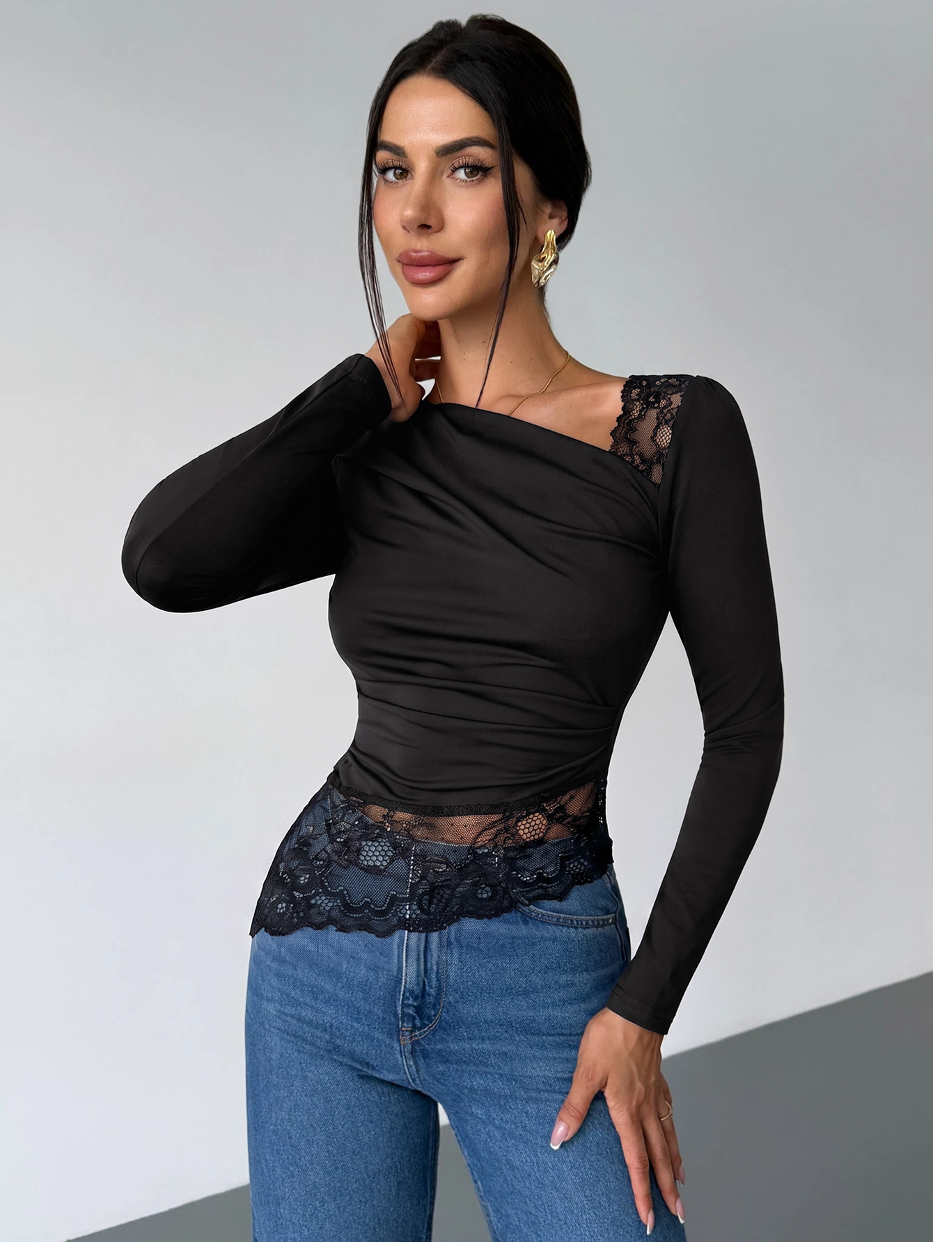 Dropped-shoulder Ruched Long-sleeve T-shirt - Image 3
