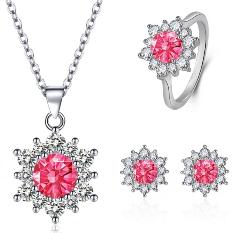 Elegant Full-diamond Snowflake Stud Earrings Pendant Necklace And Ring Jewelry Set - Image 3