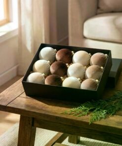 12Pcs Velvet Christmas Balls Ornaments Set, 80mm(3.15inch) Fabric Wrapped Xmas Baubles, Neutral Coffee Cream White Hanging Decorations for Christmas Tree Holiday Home Party