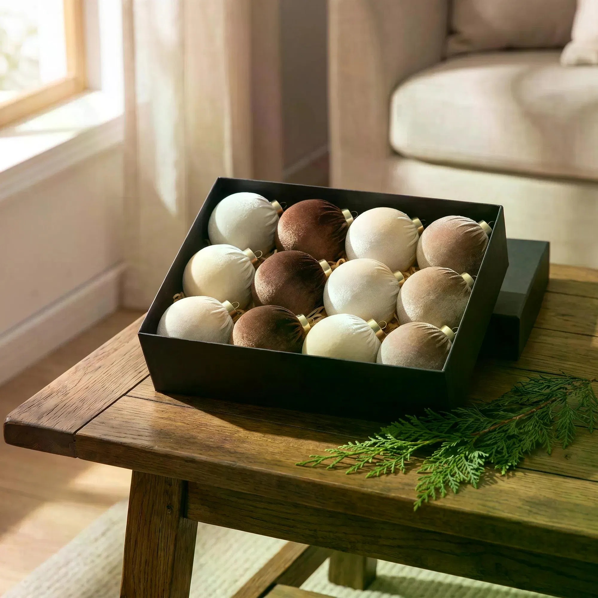 12Pcs Velvet Christmas Balls Ornaments Set, 80mm(3.15inch) Fabric Wrapped Xmas Baubles, Neutral Coffee Cream White Hanging Decorations for Christmas Tree Holiday Home Party