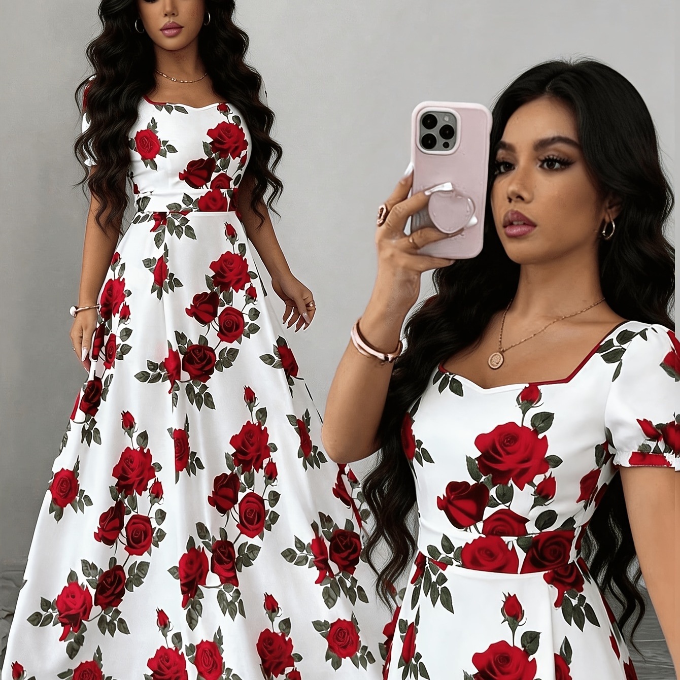Elegant Vintage Rose-print Puff-sleeve Maxi Dress - Image 3
