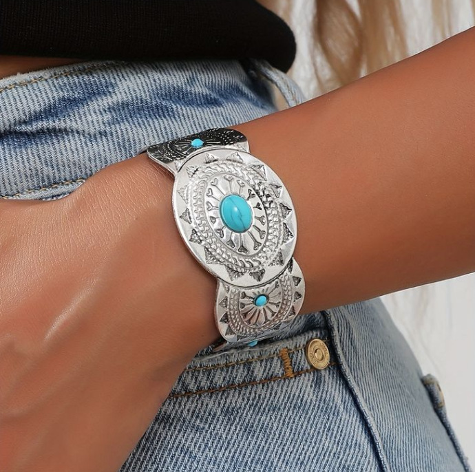 Synthetic Turquoise Open Adjustable Alloy Bracelet - Image 2