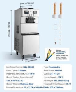 Commercial Ice Cream Machine, 34-44L/H Yield, Dual-Compressor Freestanding Soft Serve Ice Cream Maker With 2*10L Hoppers & 3 Flavors, Pre-Cooling Puffing Low-Mix Alert For Snack Dessert Shops