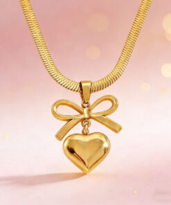 Women Bowknot 3D Puffy Heart Jewelry Set Snake Chain Necklace & Stud Earrings 2Pcs Gold Silver Tone Stainless Steel Romantic Valentine Gift Jewelry - Image 9