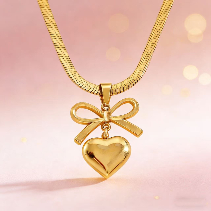 Women Bowknot 3D Puffy Heart Jewelry Set Snake Chain Necklace & Stud Earrings 2Pcs Gold Silver Tone Stainless Steel Romantic Valentine Gift Jewelry - Image 9