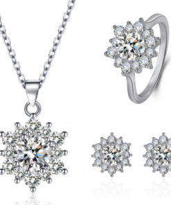 Elegant Full-diamond Snowflake Stud Earrings Pendant Necklace And Ring Jewelry Set