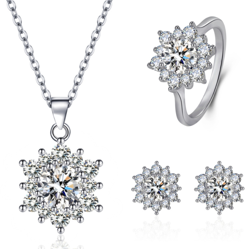 Elegant Full-diamond Snowflake Stud Earrings Pendant Necklace And Ring Jewelry Set