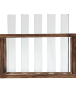 5-Tube Glass Hydroponic Planter with Wooden Stand, Self-Watering Wall/Desktop Plant Vase for Indoor Herb Garden, Unique Gift For