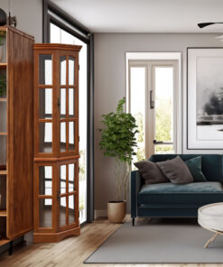 Corner Curio Cabinet with 5 Shelves and Lighting System, Oak(E26 light bulb not included)