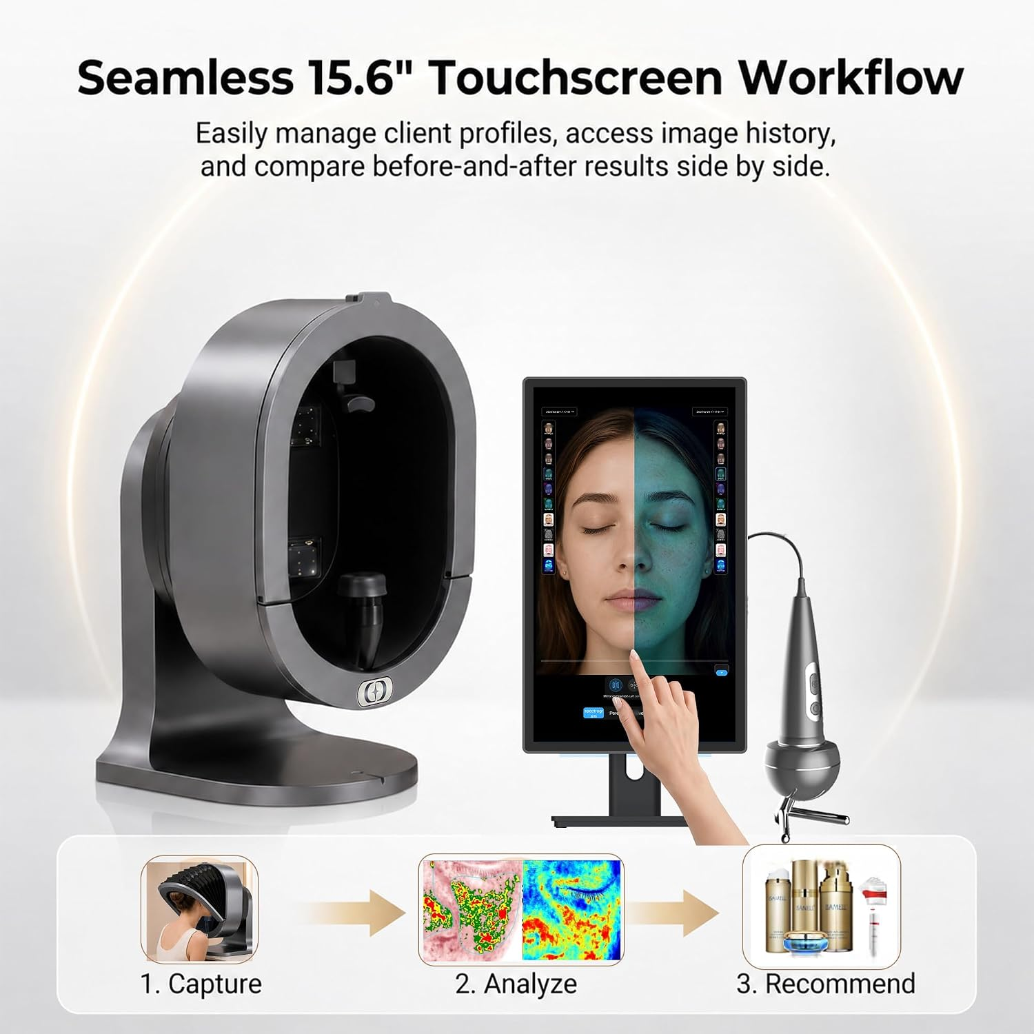 AI Skin Analyzer Device for Face & Scalp – Multi-Light UV and Polarized Imaging, 15.6 Inch Touchscreen, Handheld Scalp Viewer, Client Image Records, Gray - Image 3