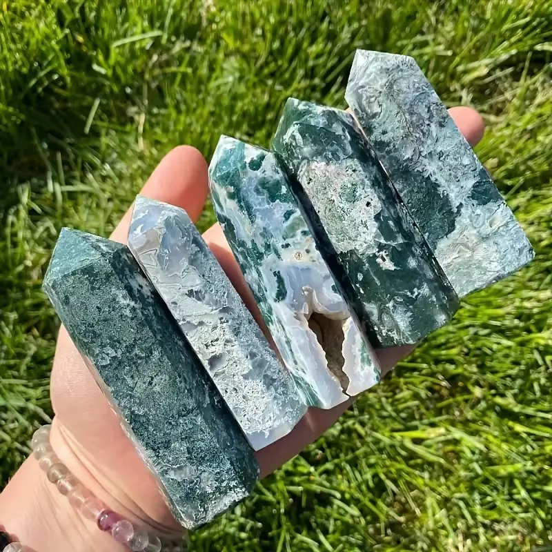 1Pc Natural Moss Agate Tower Wand for Spiritual Use - Hexagonal Point Chakra Home Decor