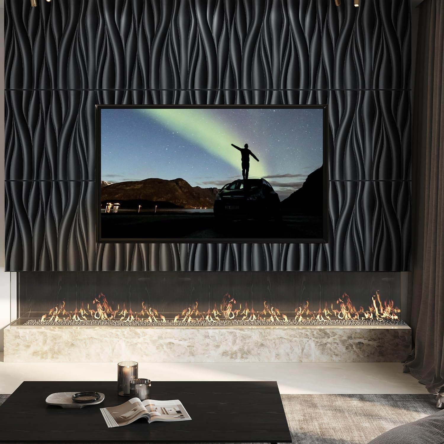 Black 3D Wall Panels, Wave Design, 19.7''X19.7'' - Image 2