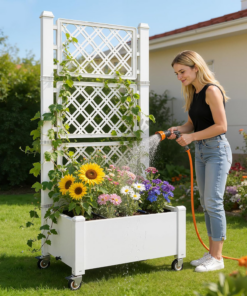 Alternative view of 60" Raised Garden Bed with Trellis & Wheels, Vertical Gardening Planter Box with Water Level Indicator and Drainage System for Garden Outdoor Patio Balcony