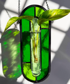 Alternative view of Transparent Green Stained Glass Propagation Station - Handcrafted Suncatcher Hanging Planter with 2 Glass Tubes, Multi-Color Hydroponic Wall Décor for Windows, Home & Garden