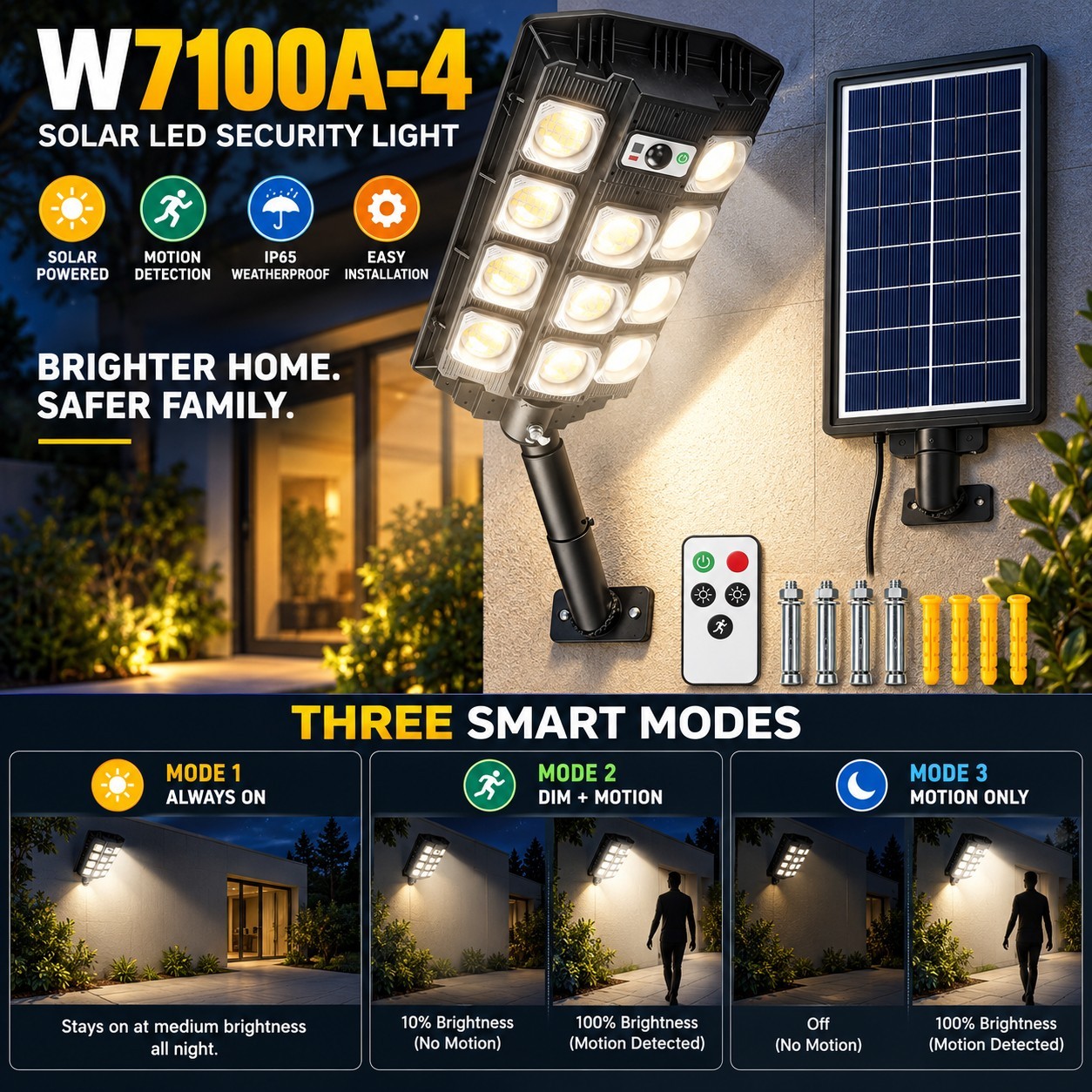 Solar Powered Rechargeable Motion Sensor LED Work Light 3000mAh For Auto W7101A 5 Battery Street - Image 4