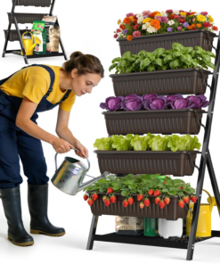 5-Tier Vertical Garden Bed Planter Boxes with Drainage System & Storage Space, Freestanding Vertical Garden Planter with 5 S-Hooks for Plants Vegetables Flowers Herbs in Garden Patio Yard