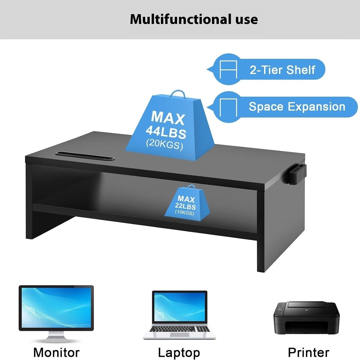High Quality Black Wooden Double Storage Monitor Riser - Image 3