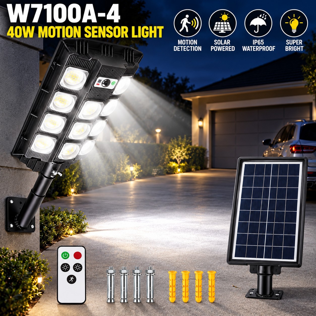 Solar Powered Rechargeable Motion Sensor LED Work Light 3000mAh For Auto W7101A 5 Battery Street - Image 2