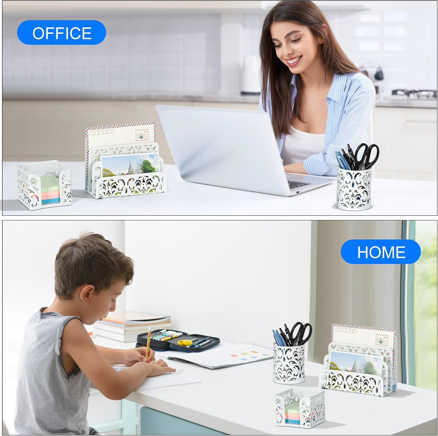 Desk Organizers and Accessories 3 Pieces Office Organizer Set - Pen Holder for Desk, Mail Sorter Countertop and Sticky Note Holder, White - Image 8
