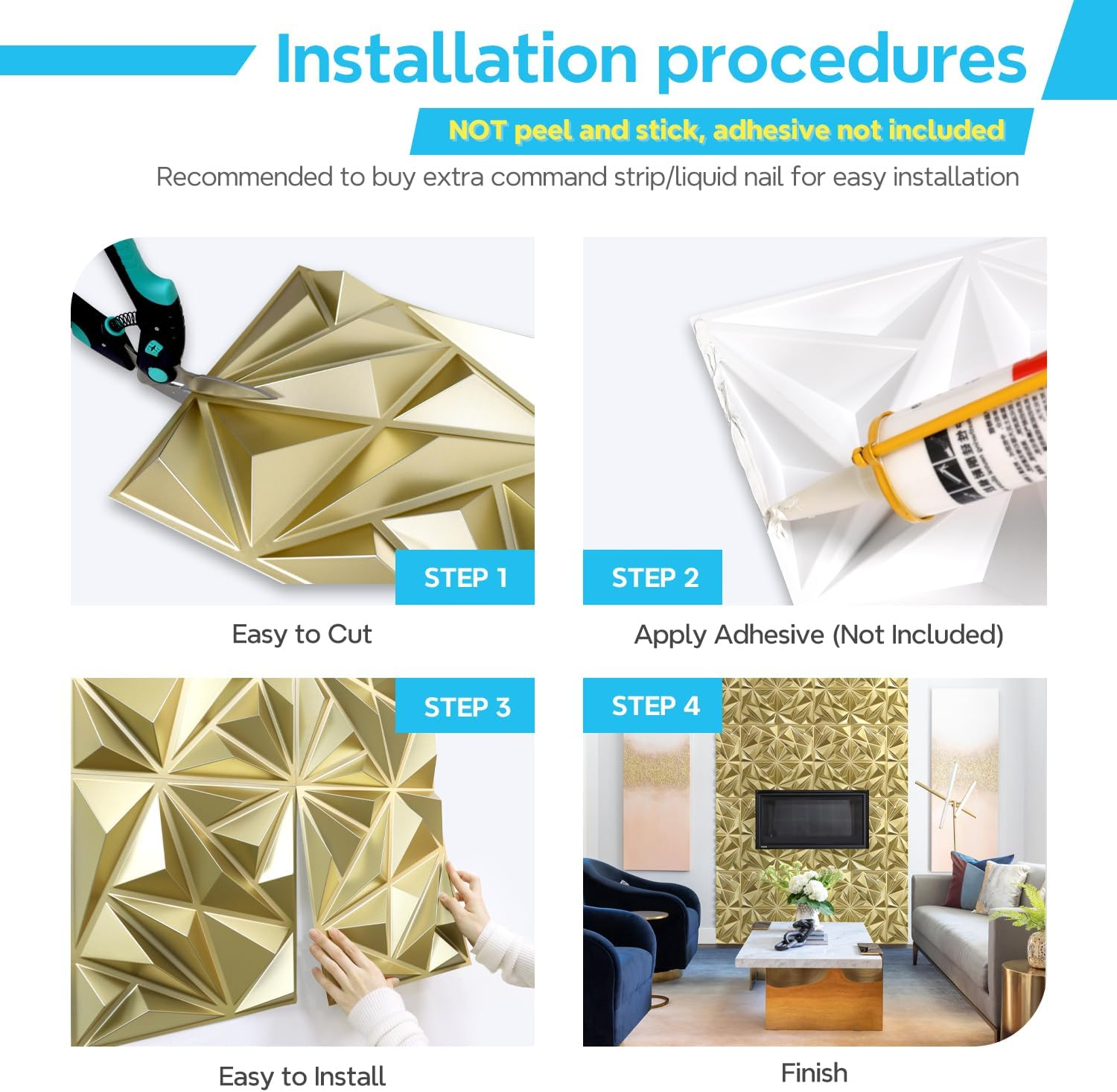 Diamond 3D Wall Panels, Champaign Gold, 12''X12'', 33 Pack - Image 6