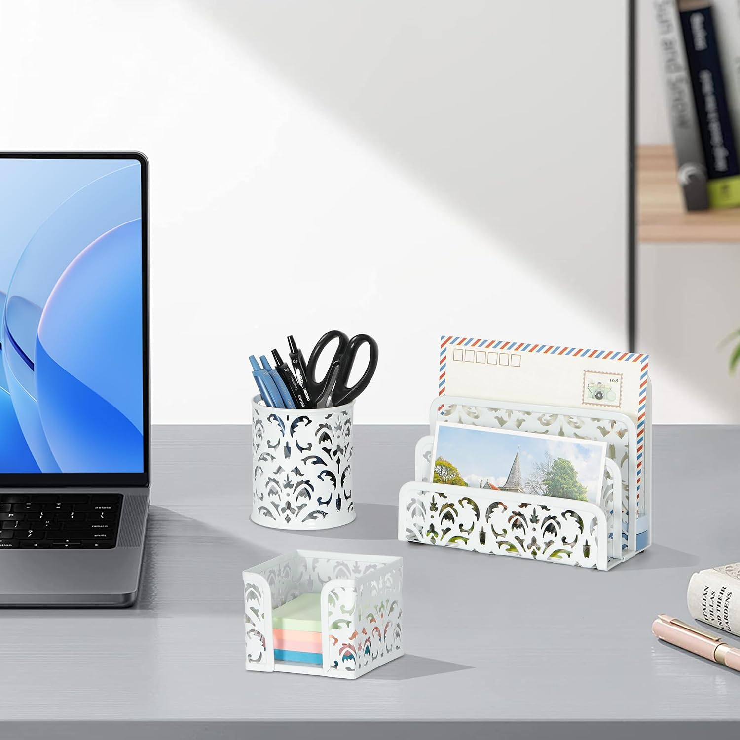 Desk Organizers and Accessories 3 Pieces Office Organizer Set - Pen Holder for Desk, Mail Sorter Countertop and Sticky Note Holder, White - Image 9