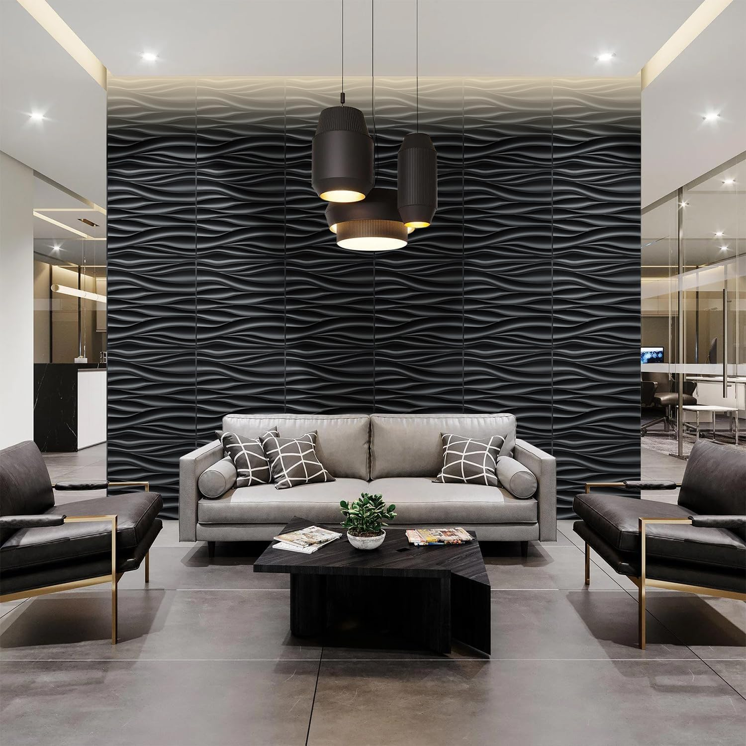 Black 3D Wall Panels, Wave Design, 19.7''X19.7'' - Image 3