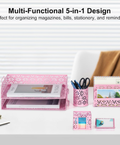 Alternative view of Desk Organizers and Accessories 5 Pieces Office Supplies Set - 2 Tier Paper Tray, Pencil Organizer for Desk, Mail Sorter Countertop, Business Card Holder and Sticky Note Holder, Pink